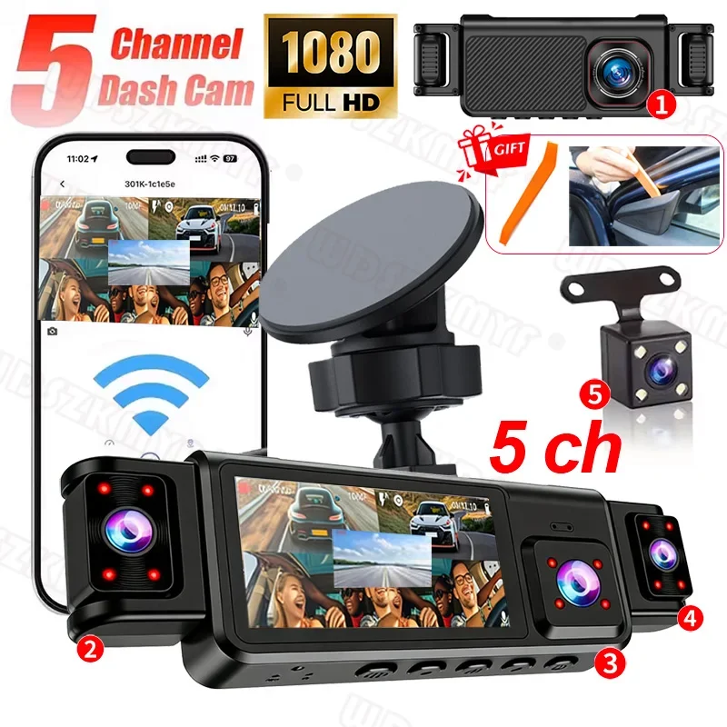 Dashcam Pro 5 Cameras WiFi Rotatable Lens 1080P Full HD Parking Monitoring Car DVR G-Sensor Night Vision for Car SUV Truck Van