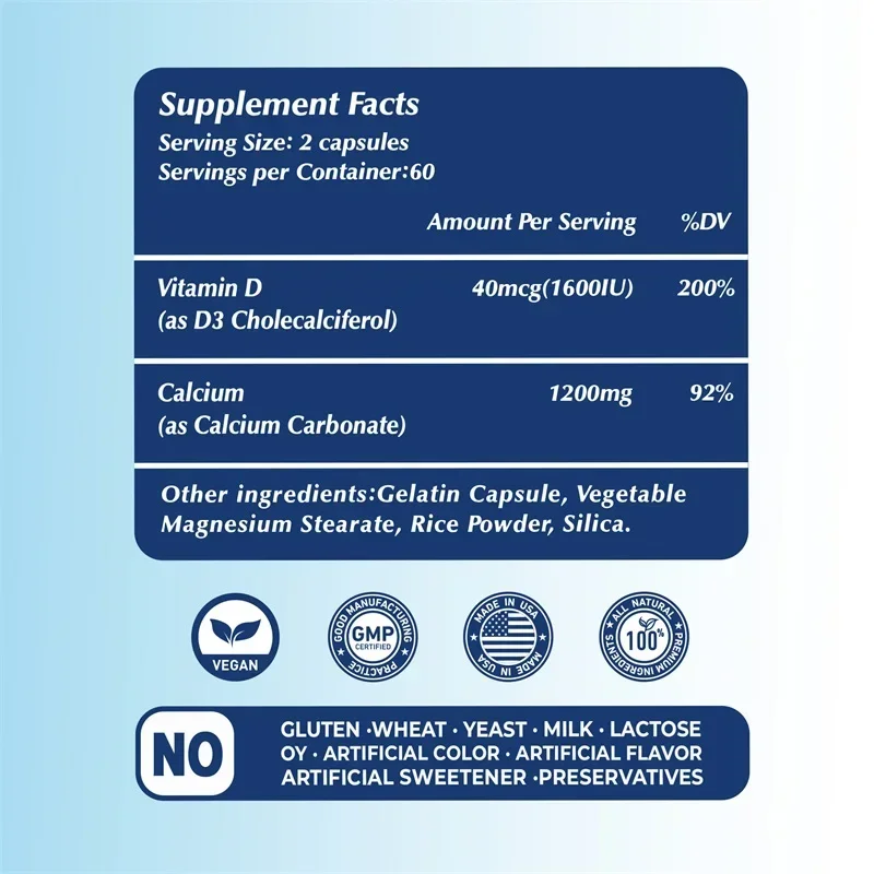 Calcium + Vitamin D3 Capsules - Calcium Metabolism, Increase Bone Density, Supports Joint, Teeth and Skin Health, Boost Immunity