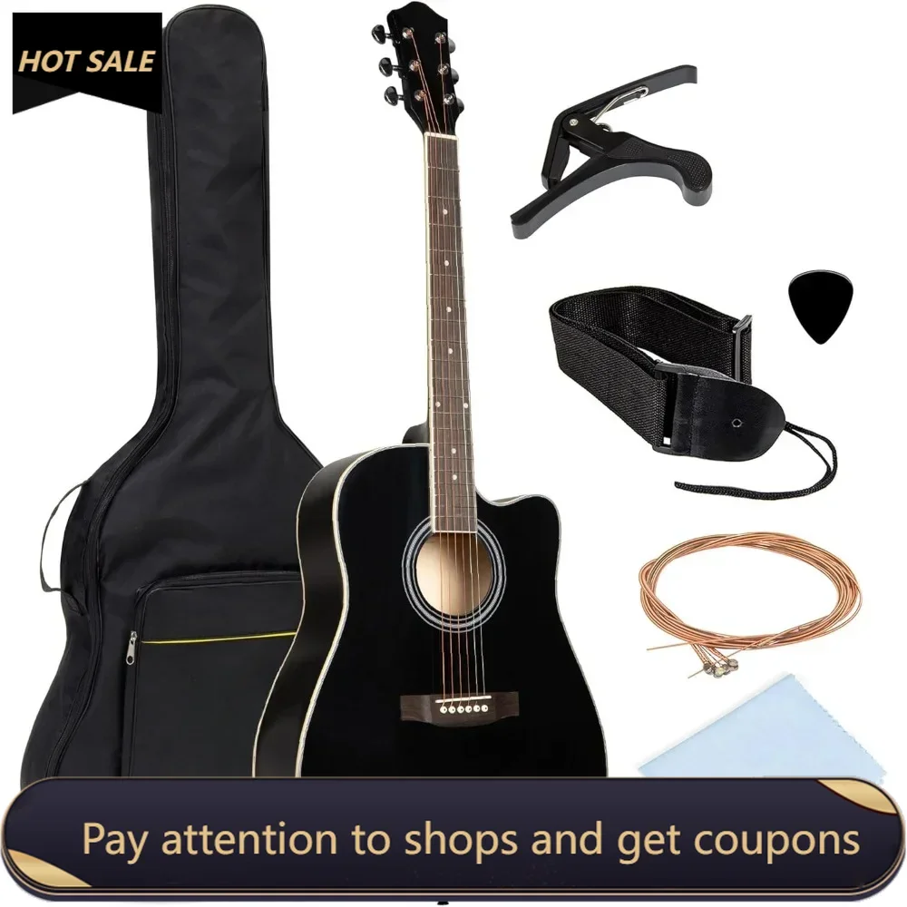 

41in Beginner Acoustic Guitar Full Size All Wood Cutaway Guitar Starter Set Bundle with Case, Strap, Capo, Strings，Picks - Black