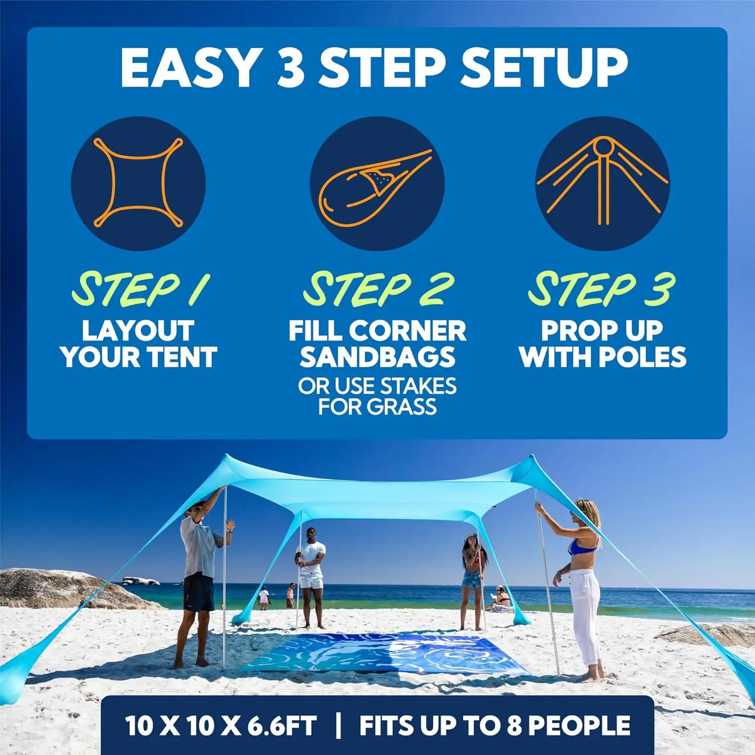 W_Beach Tent Sun Shelter UPF50+ - شاطئ سهل المنبثق - ظل خارجي لرحلات التخييم وصيد الأسماك والفناء الخلفي