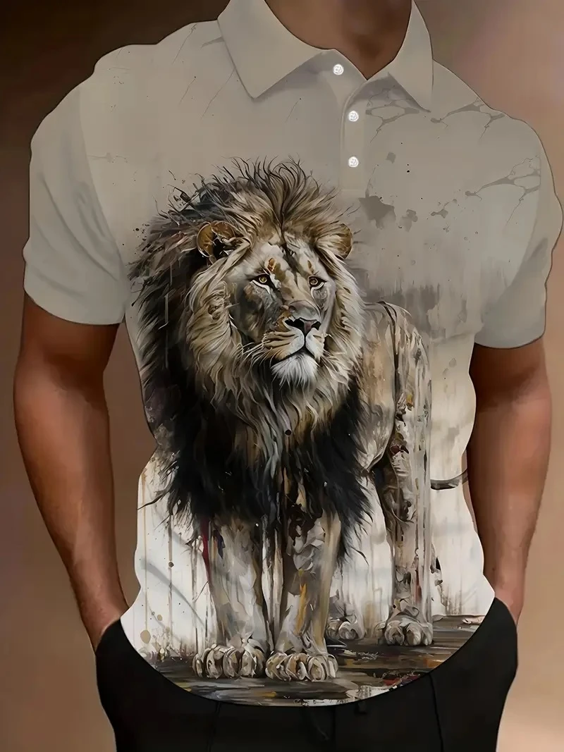 

Модные мужские поло с узором льва, летние футболки с 3D принтом животных, уличная модная футболка-поло с короткими рукавами, повседневные топы большого размера