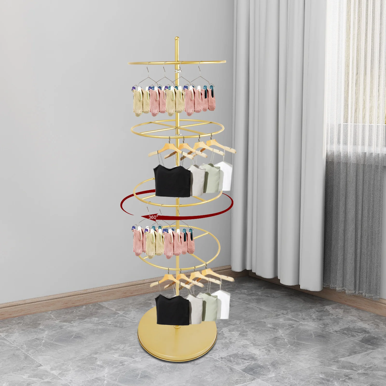 Retail Rack, Retail Counter Display Rack, 4-Tier Rotating Clothes Shelf, Adjustable Gold Iron Stand, Bra Panty Sock Organizer, Durable, Anti-Rust