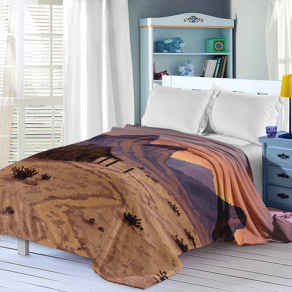 Pixel Desert Cabin Sunset Flannel Blanket Perfect For Sofa Office Bed Travel Sleep Read Relax Camping Four Season Use