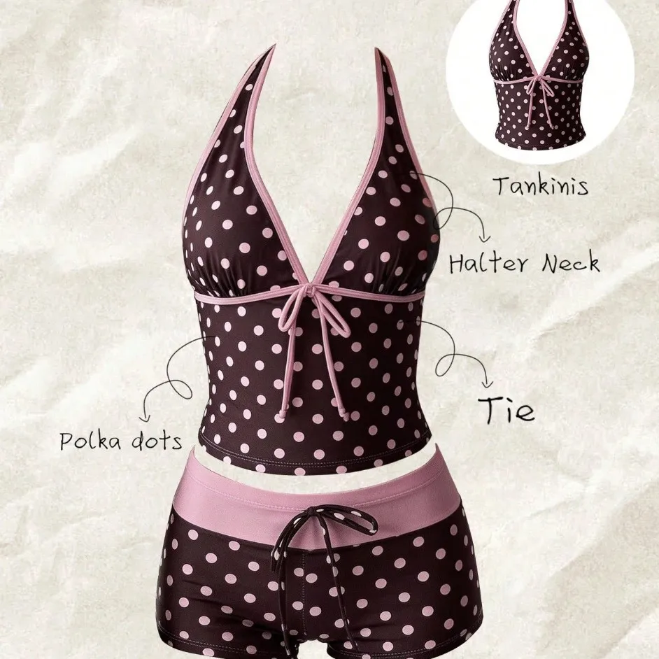2026 New Women Swimwear Polka Dot 2-Piece Tankini Set Halter V Neck Front Tie Cami Top Contrast Waistband Drawstring Swim Shorts