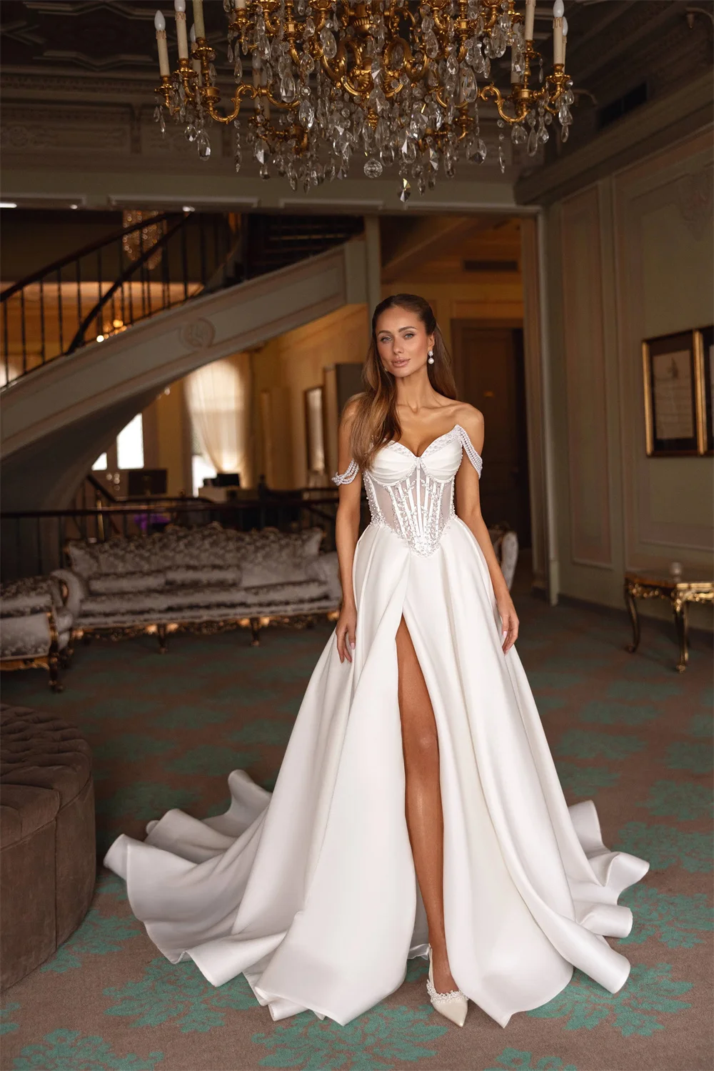 Kyoto personalizzato bianco con spalle scoperte perle abito da sposa spacco alto laterale abiti da sera a-line lungo strascico da sera formale 2025