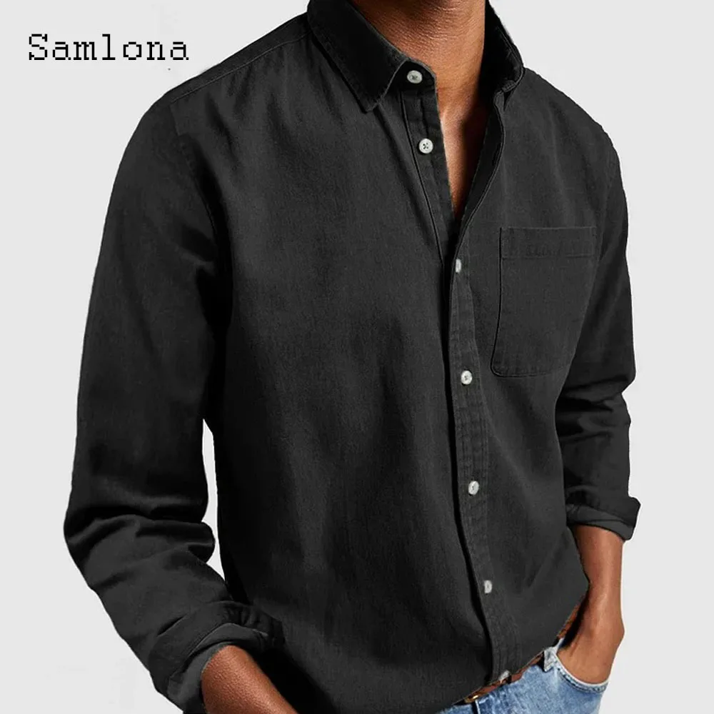 Men\'s Stand Pocket Casual Shirts Clothing 2024 Single Breasted Top Khaki Black Soft Blouse Men Long Sleeves Fashion Shirt blusas