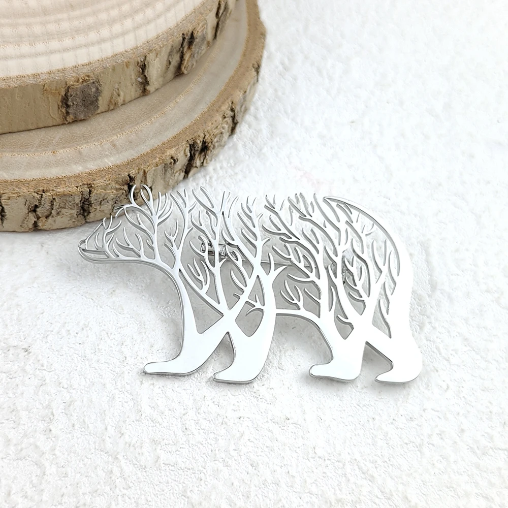 Creative new tree of life polar bear men's suit gold-plated collar pin, high quality stainless steel black brooch, men's gift