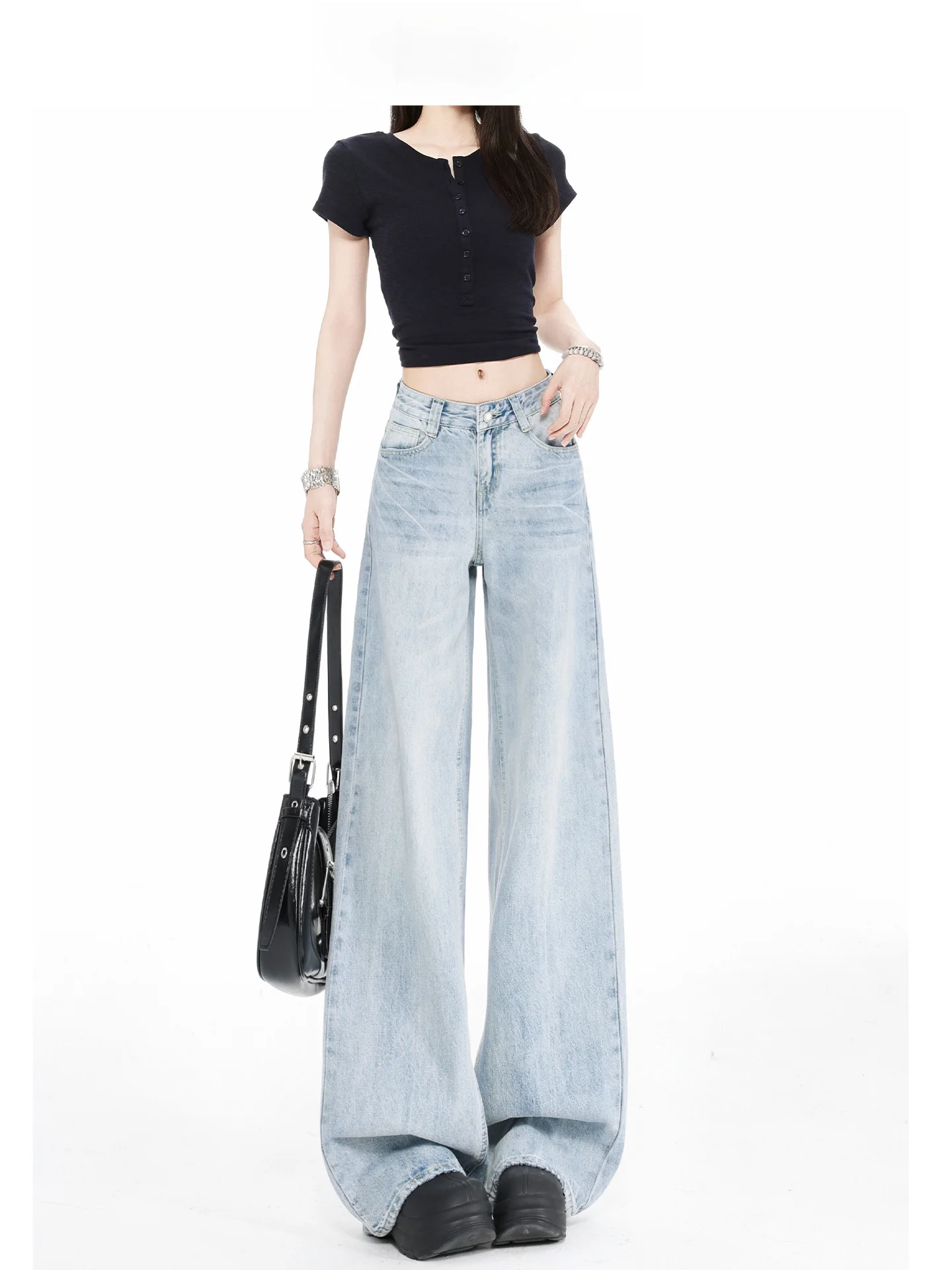 Forever 21 Jeans azules de cintura alta y pierna ancha de corte recto para mujer, estilo americano de verano, jeans drapeados adelgazantes con forma de pera
