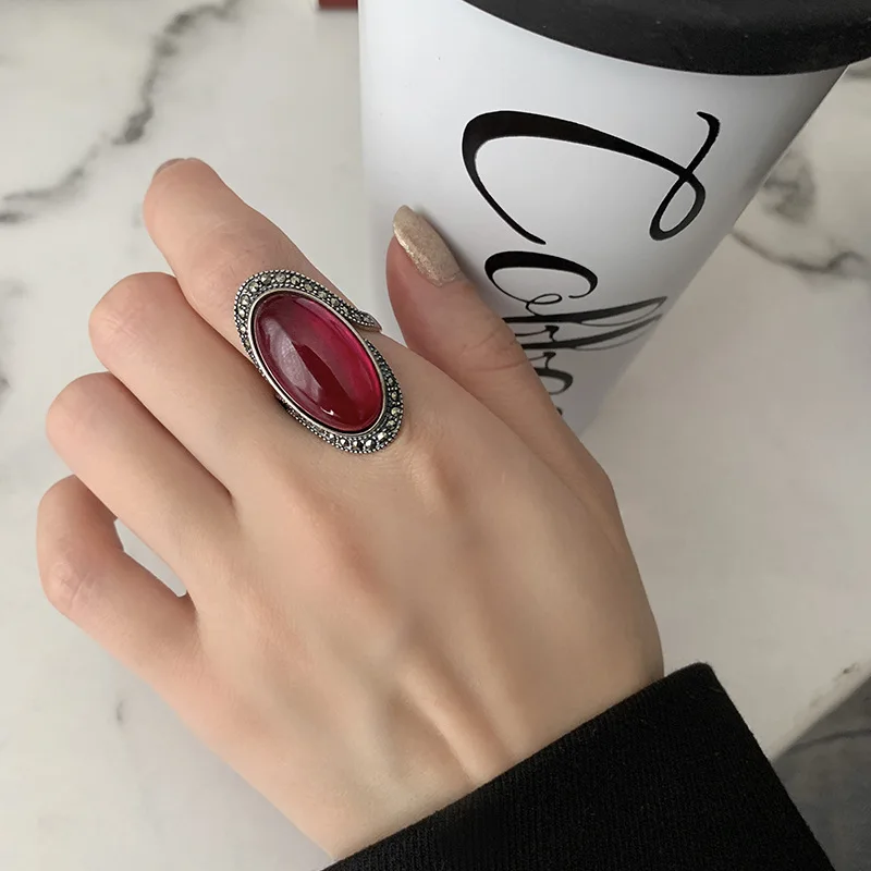 Personality Exaggeration Vintage Red Garnet Stone Thai Silver Ladies Engagement Rings Jewelry For Women Birthday Gifts No Fade