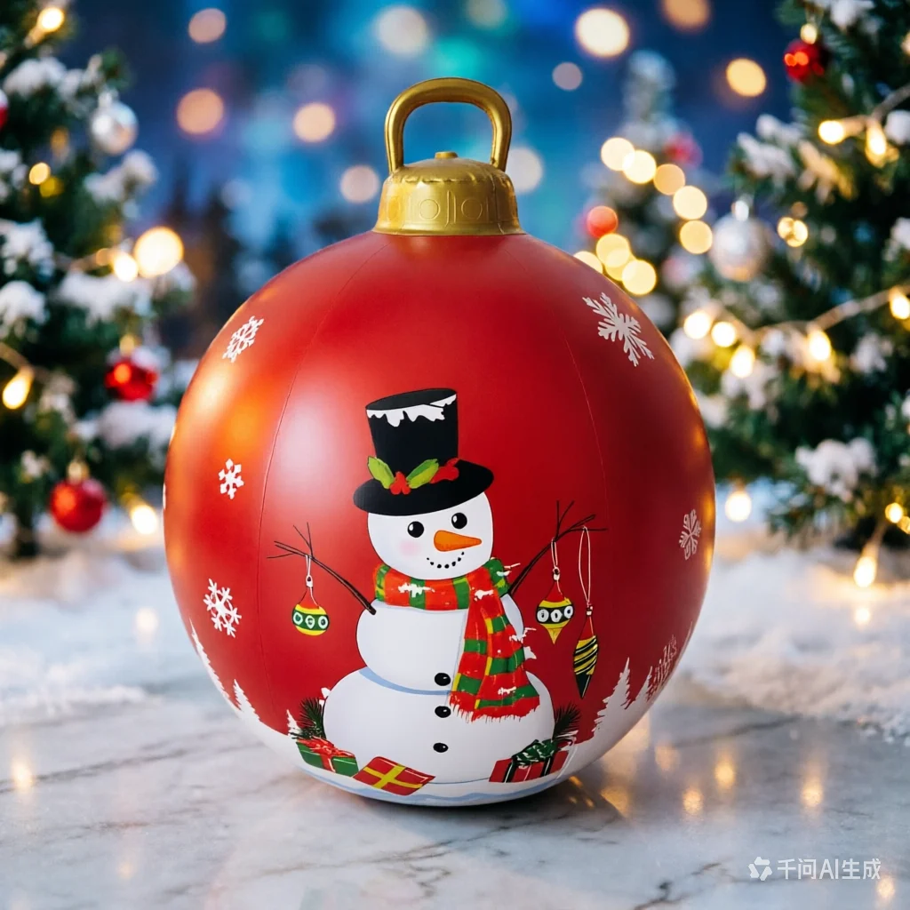 HeavyDuty PVC Inflatable Christmas Ornament, 60cm Red Hanging Ball with Gold Cap, Reusable Holiday Decoration for Outdoor Garden