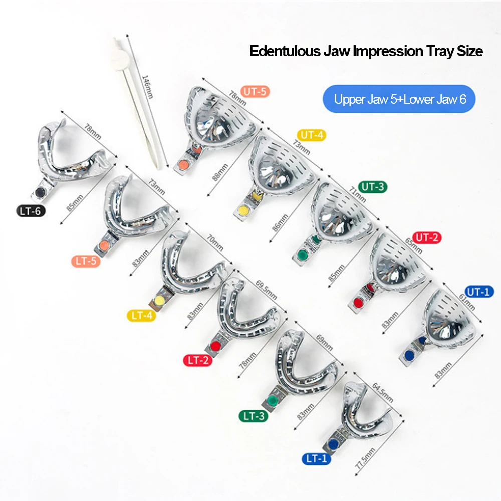 11Pcs Dental Autoclavable Stainless Steel Perforated Impression Edentulous Trays Kit