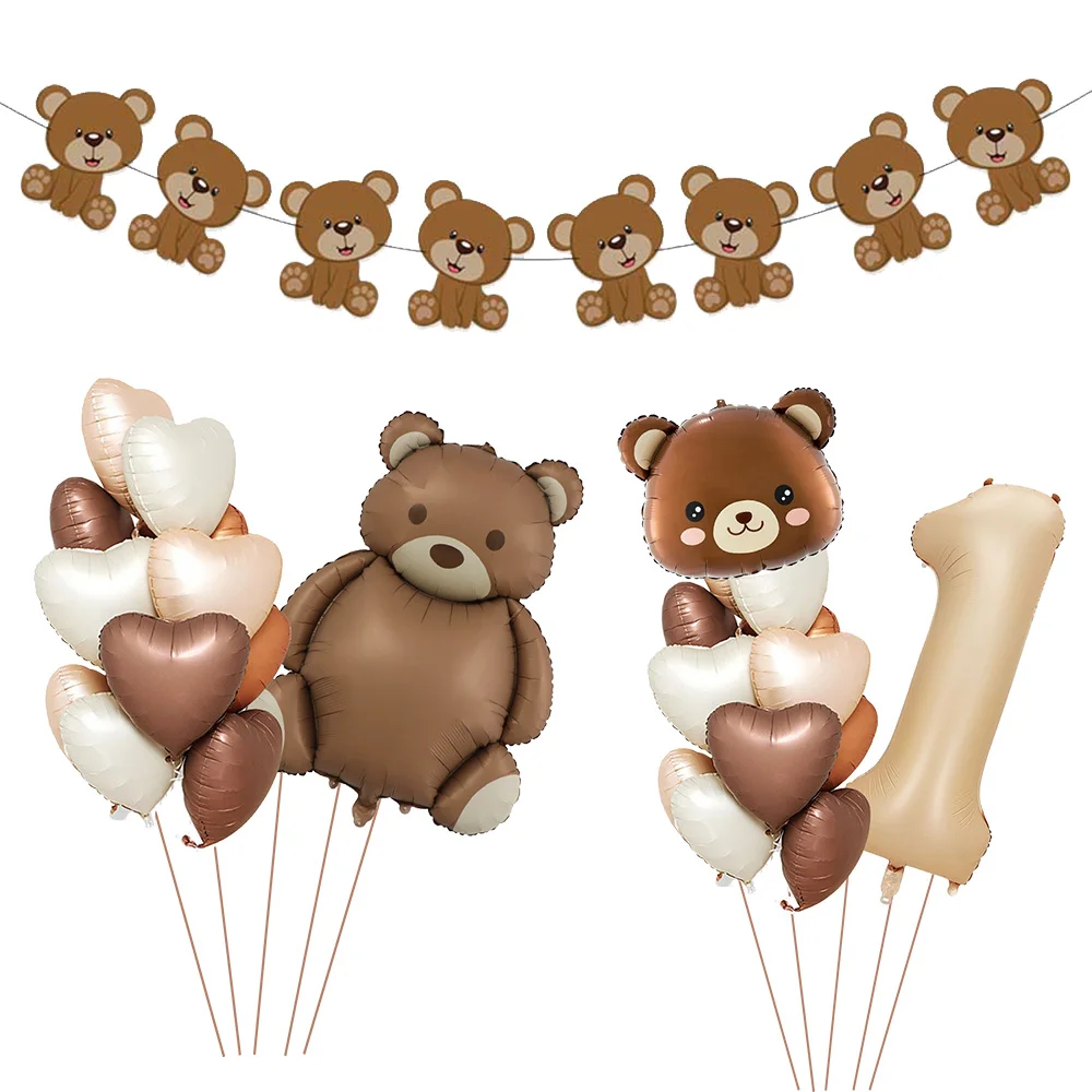 Brown Teddy Bear Balloon Number Heart Balloon set kids Birthday Party Decoration balloon wedding welcome Baby Party decoration