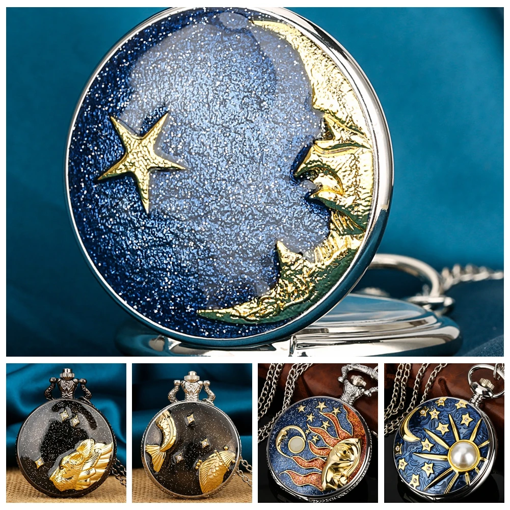 2023 New Relief Art Gold Encrusted Star and Moon Pattern Blue Starry Sky Necklace Steampunk Fob Chain Clock Quartz Pocket Watch