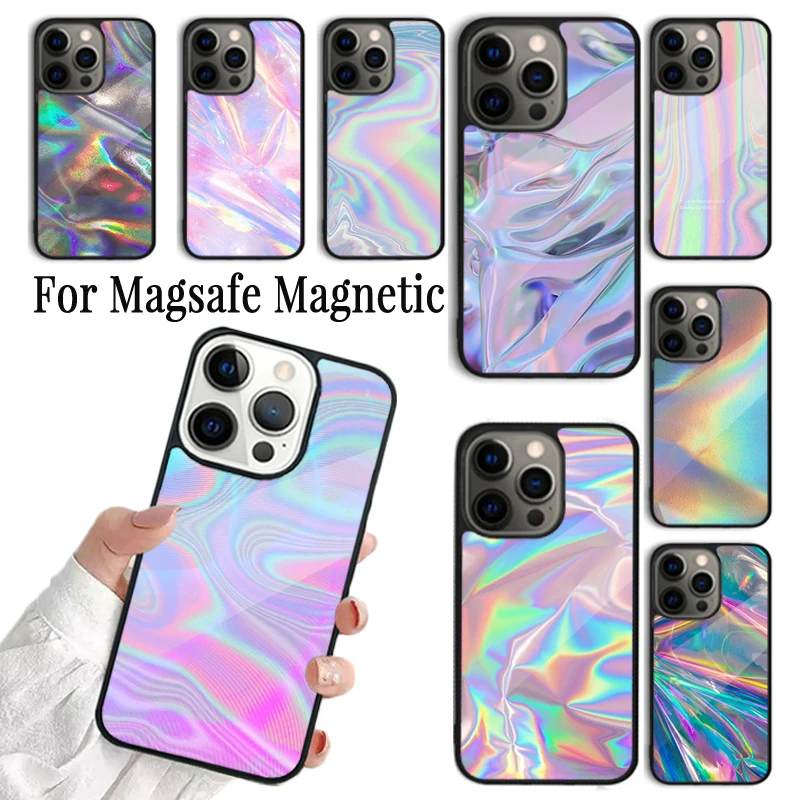 Coque Phone Case For iPhone 16 15 14 13 12 11 Pro Max Plus Magsafe Magnetic Wireless Charging Cover Holographic Trippy Rainbow