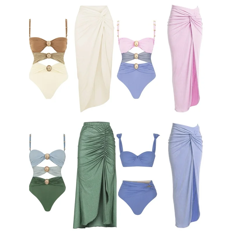 Hollowen One Piece Swimsuit With Cover Up Sexy Swimwear Women Off Shoulder Swim Suits Patchwork Bathsuit Belt Bodysuit Beachwear