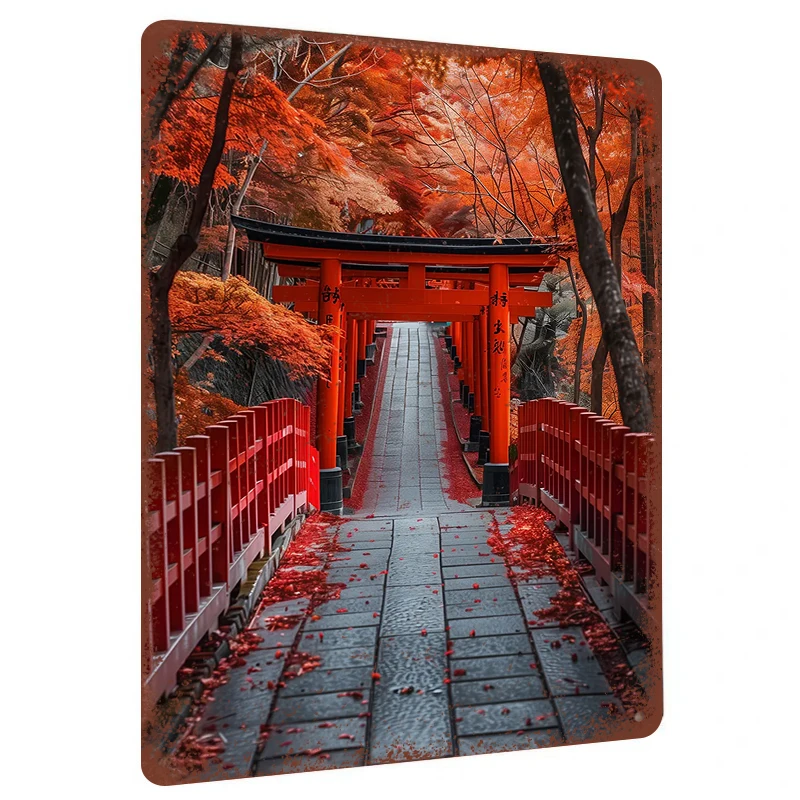 Japanese Kyoto Torii Gate Red Maple Avenue Metal Iron Wall Art Home Decor Painting