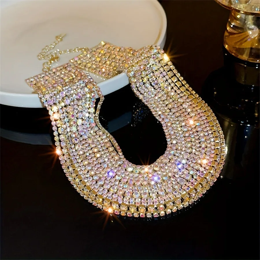 

Luxury Colorful Crystal Chokers Necklaces for Women Multilayer Gold Color Chain Rhinestone Necklaces Statements Jewelry