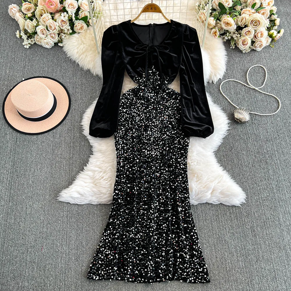 

Vintage V-neck Elegant Long Sleeve Chic Sequin Spliced Lace-up Dresses Korean Fashion Evening Party Women Autumn Winter Clothing