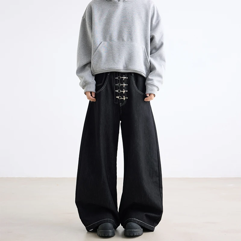 

2026 весенние мужские джинсы в корейском стиле, однотонные повседневные уличные брюки с металлической пряжкой, прямые широкие свободные мужские джинсовые брюки, модные