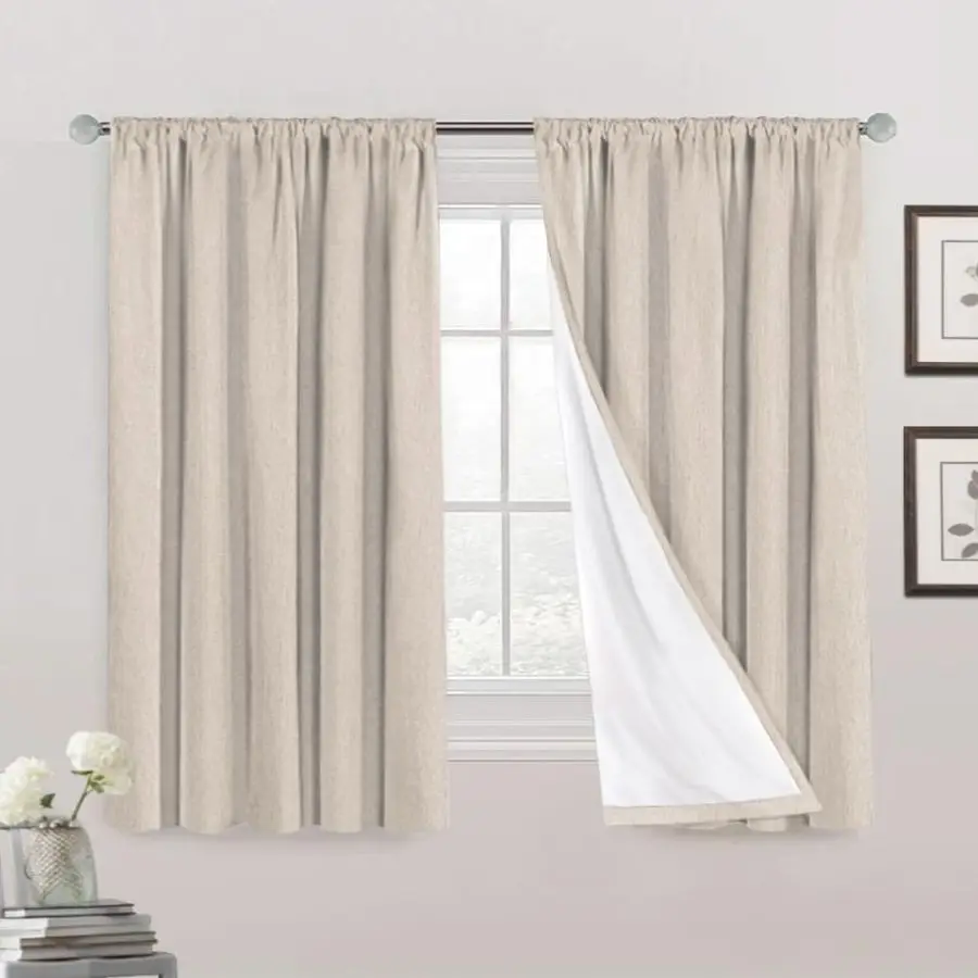 

Затемняющие шторы 160 см (63 дюйма) длиной, 100% затемняющие шторы для спальни, с креплением на штангу, текстурированные льняные шторы, энергосберегающие, с белым L
