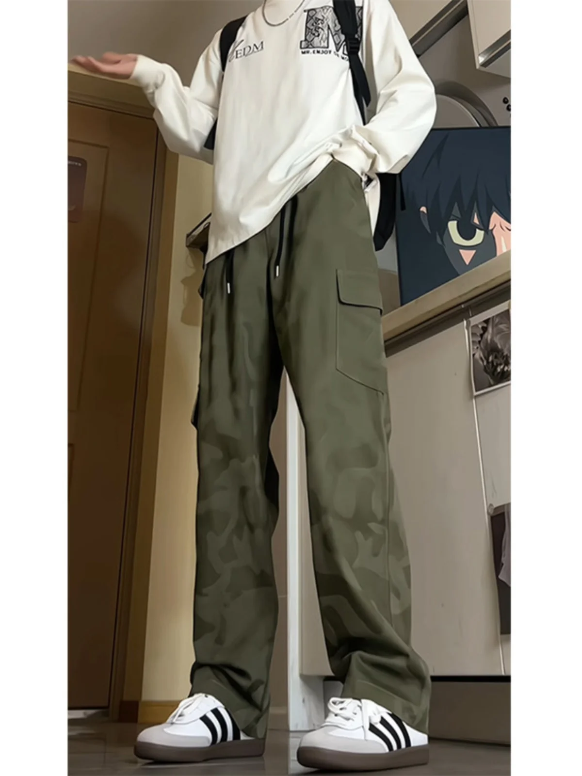 

Camouflage Workwear Pants Men's Loose Straight Casual Long Trousers Autumn American High Street Vibe Military een Trendy