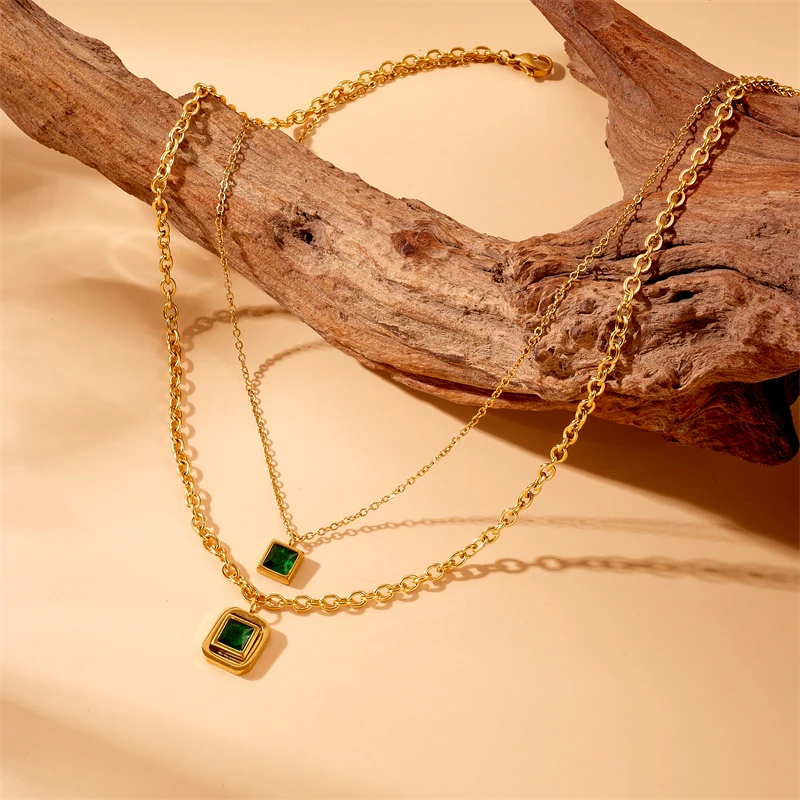 DIEYURO 316L Stainless Steel Square Green Zircon Double-layer Necklace Bracelet Earrings Women New Trend Non-fading Jewelry Set image 4