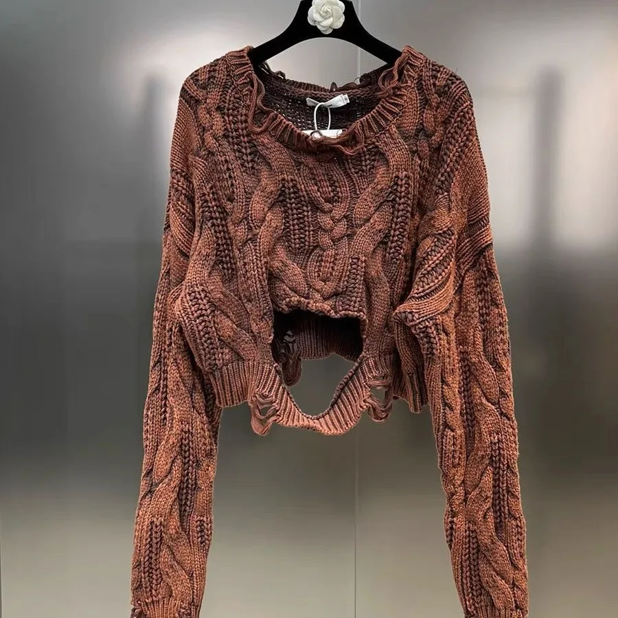 

Осень-зима 2025 г., свитер с круглым вырезом и длинными рукавами, потертый свободный свитер в уличном стиле для женщин, короткий свитер с высокой талией