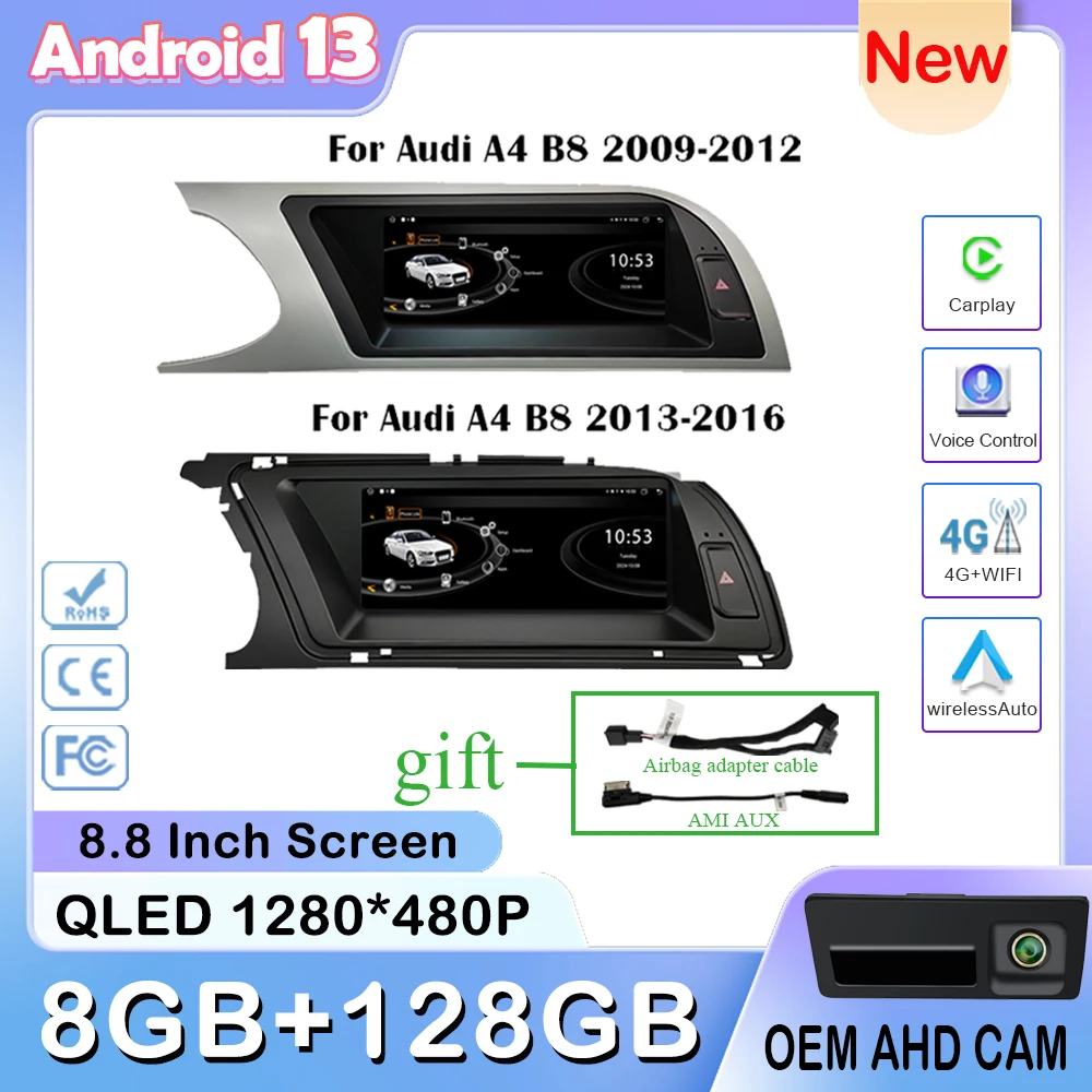 8.8 Inch Android 13 For Audi A4 B8 2009-2016 Android Auto Radio Player Carplay Video GPS Navigation Multimedia Playe 8 Core CPU