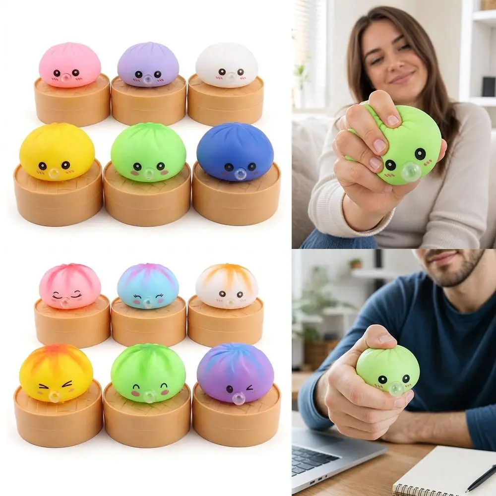 1pc Rainbow Color Dumpling Fidget with Steamer Slow Resilience Stress-Relieving Balls Fidget Soft Steamed Bun Squishy Pinch