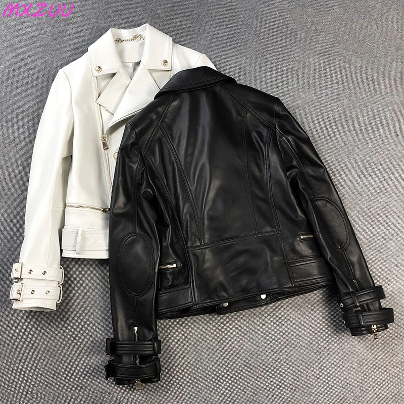 Black/White Locomotive Jacket Fashion Casacos Femininos Inverno Sheepskin Double Breasted Zipper Suit Collar Pure Leather Tops