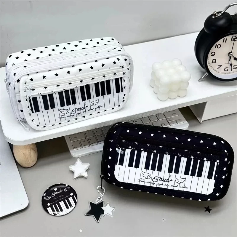 Cute Piano Keyboard Print Pencil Case Star Polka Dot Pen Bag Multi Layer Stationery Storage Bag Portable Student Zipper Pouch