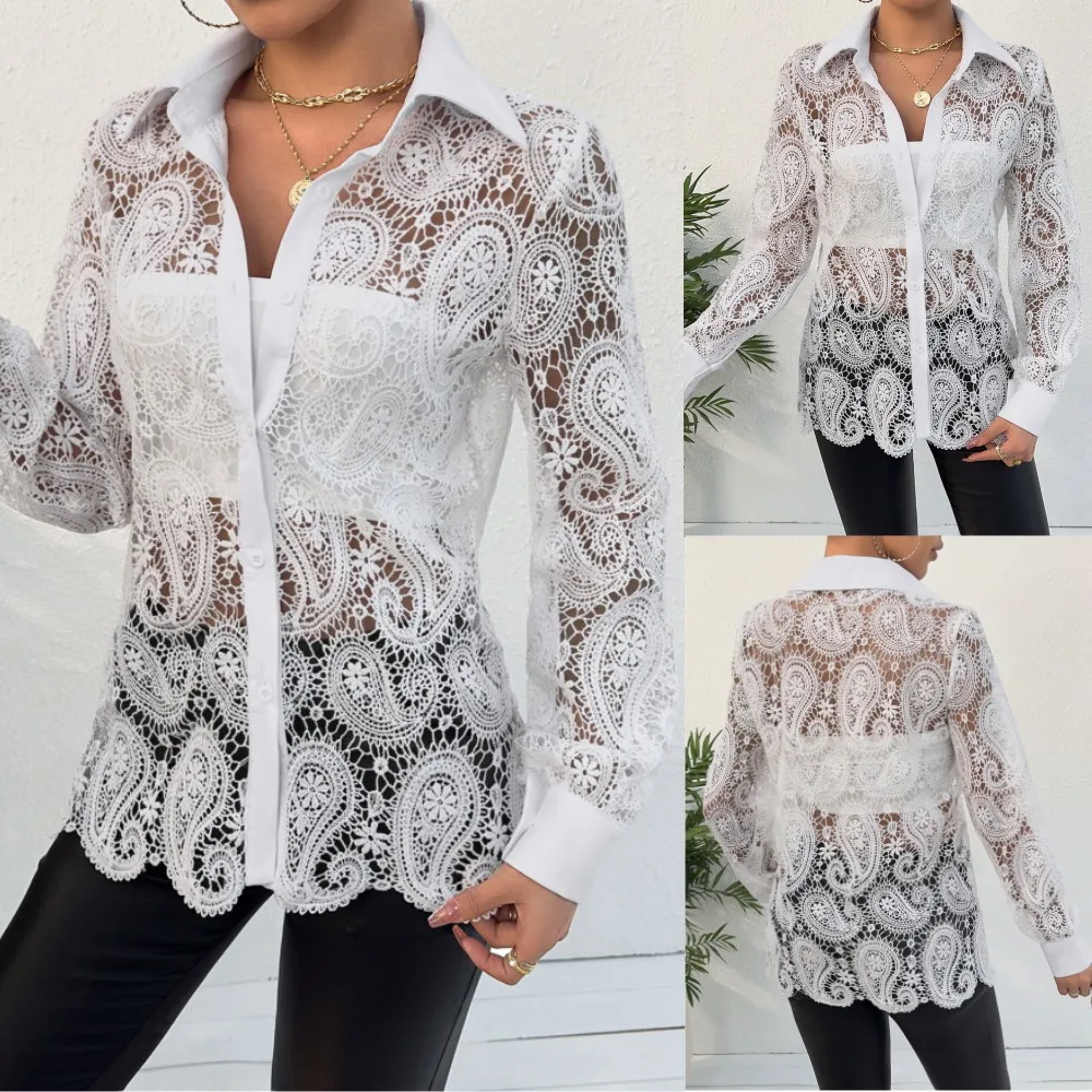 Women's Long Sleeved Lace Lapel Hollow Button Shirt Top for Spring/summer 2024