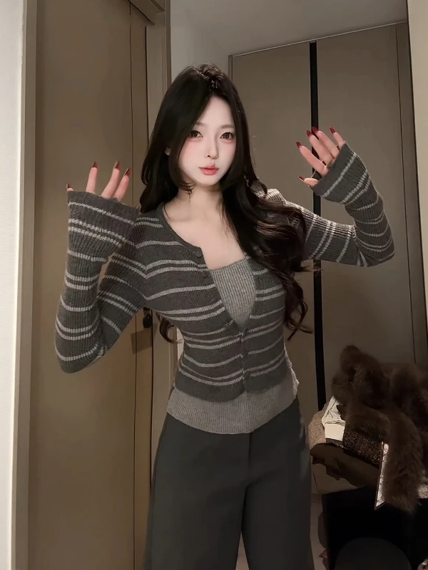 

Облегающий вязаный свитер в полоску с узором, женский базовый слой, винтажный топ, теплая внутренняя одежда, повседневная длинная све irt