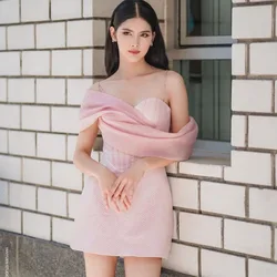 French Elegant Pink Slip Dress Gauze Patchwork Mini Halter A-line Dress Sexy Slim Lotus Sleeves Short Dress Evening Party Dress