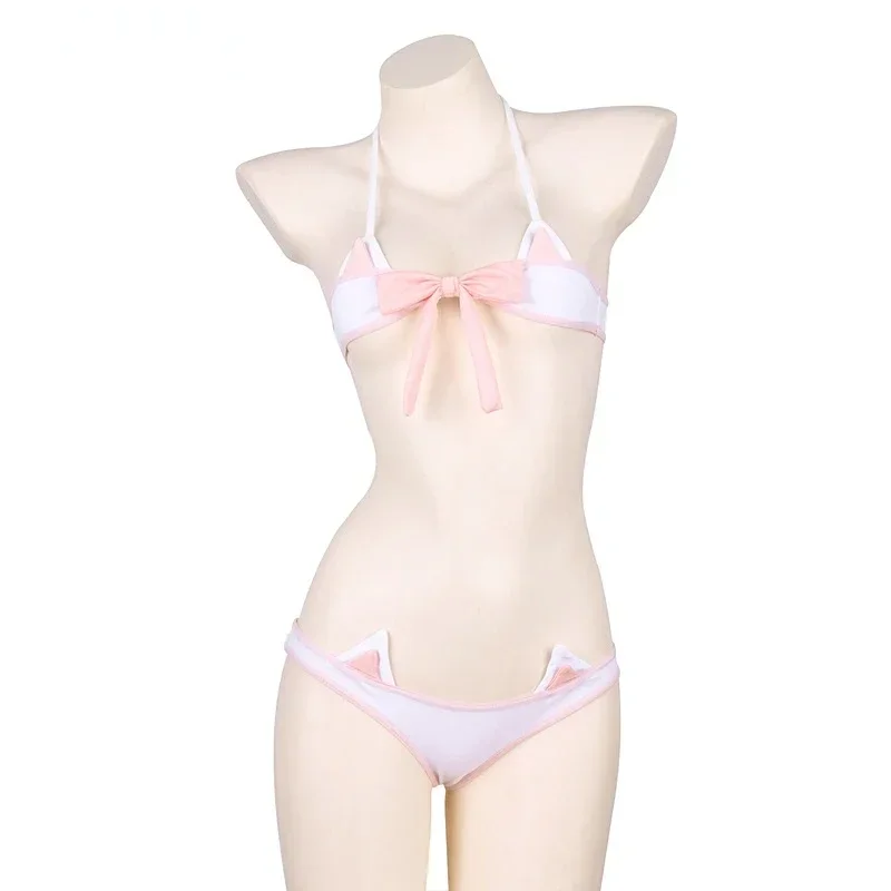Lolita Anime Pink Bow Mini Bikini Set Bandage Pajamas Kawaii Cat Ears Plaid Underwear Panties Women Sexy Swim Lingerie Gift view 2