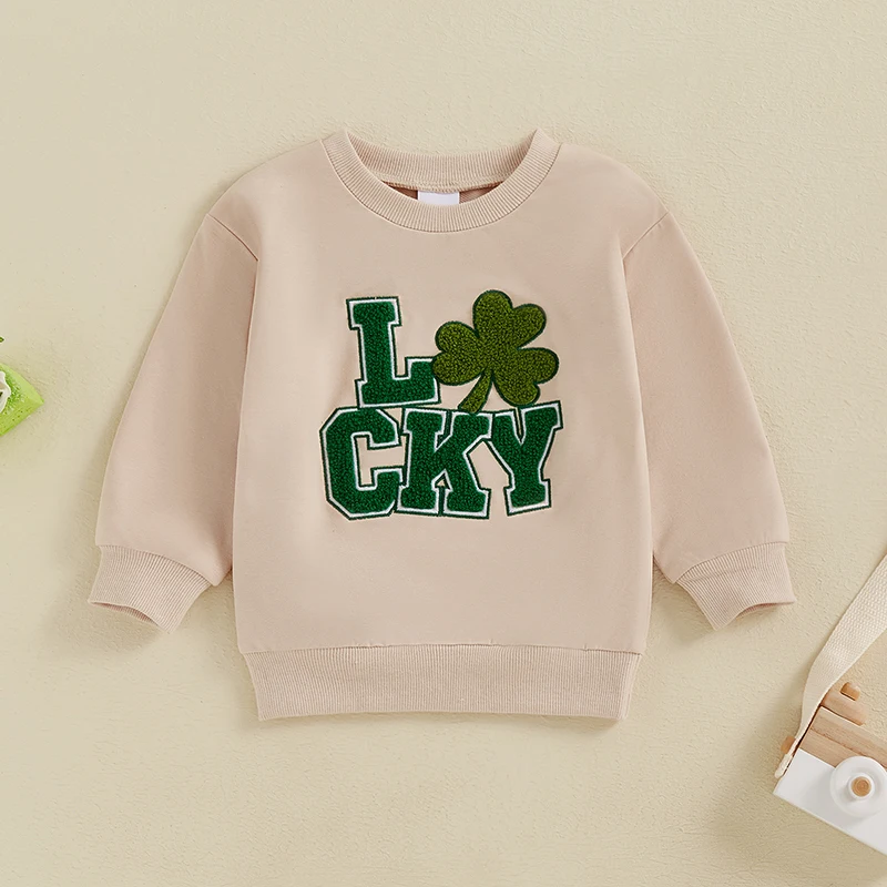 Kids Sweatshirt Long Sleeve Crew Neck Embroidery Letters Shamrock Hoodie Pullover Irish Holiday Clothes for Boys Girls