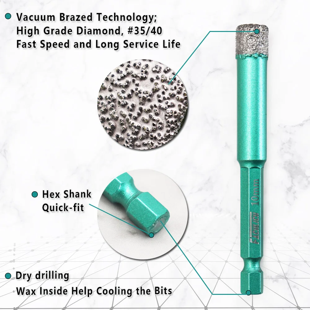 FACHLICH 5pcs/set Hexagon Shank Diameter 10mm Diamond Drill Core Bits Tile Concrete Cutter Vacuum Brazed Hand Drilling Crowns