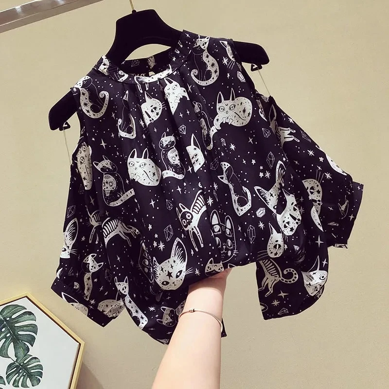 Cat Cartoon Print Chiffon Vintage O-Neck Short Sleeve Loose Women\'s Blouse Shirt Korean Fashion Female Clothing Tops 2024 Summer