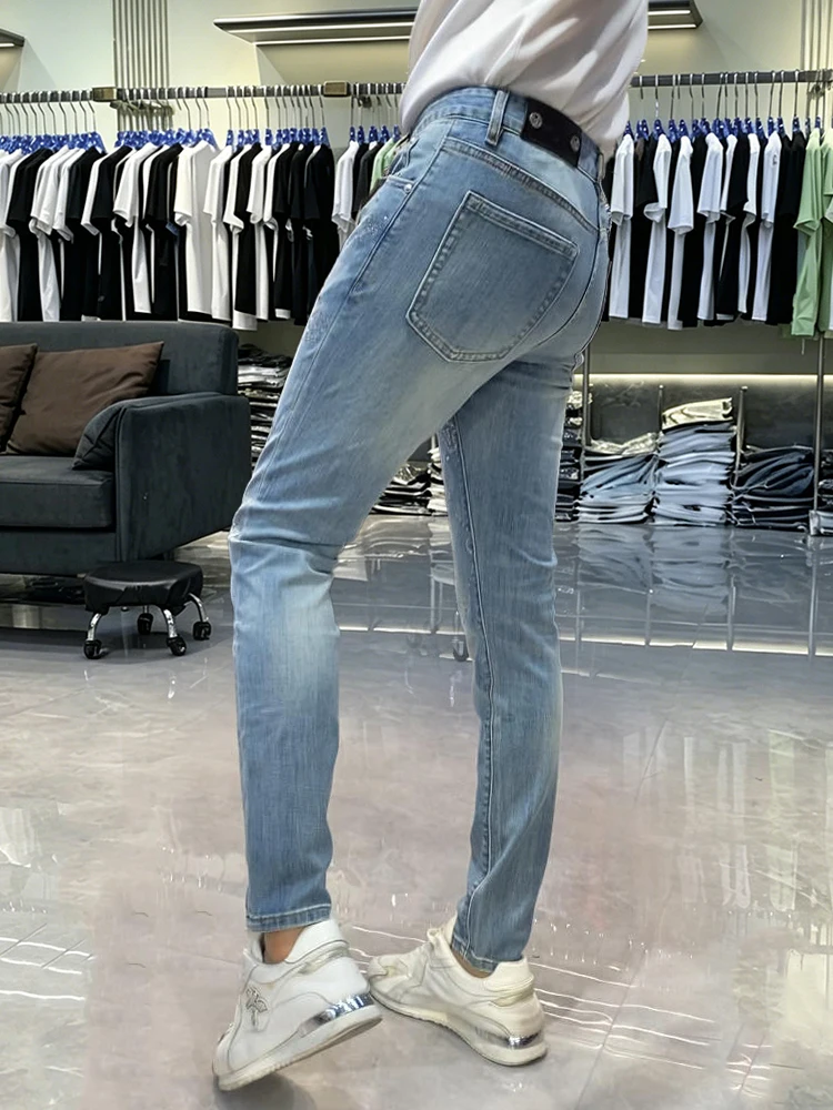 Fashionable Luxury Rhinestone Slim Fit Jeans Men's Summer Trendy High Waist Cotton Stretchy Comfortable Breathable Slimming