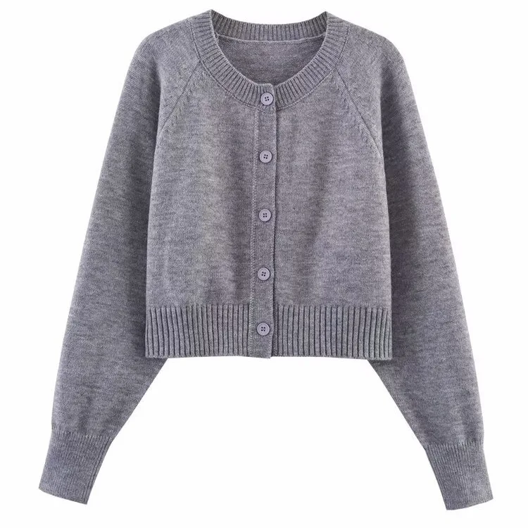 

Серый осенний женский вязаный свитер с круглым вырезом, ребристой подол, кардиган с длинными рукавами для женщин, повседневный женский трикотаж с напуском