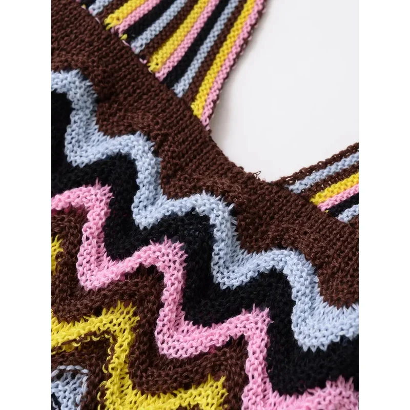 Vestido camisola de punto bohemio para mujer, minivestido Sexy con estampado de ondas y cuello en V profundo, colorido, para vacaciones en la playa, moda 2025