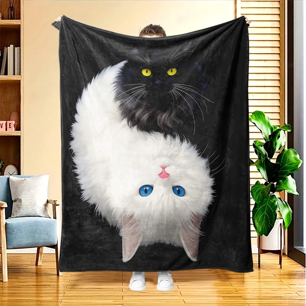 Yin Yang Black White Fluffy Cat Yellow Blue Eyes Black Base Flannel Throw Blanket Warm Cover For Sofa Cute Pet Decor Gift