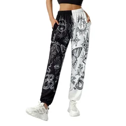 Women's Boho Hippie Harem Pants High Smocked Waist Printed Patchwork Sweatpants Yoga 90S Goth Baggy Casual Trousers