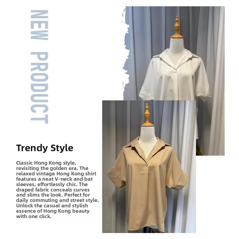 

Retro Hong Kong Sle Women's ort Sve irt Loose Batwing Sve Collar White Faionable Versatile Summer New Arrival