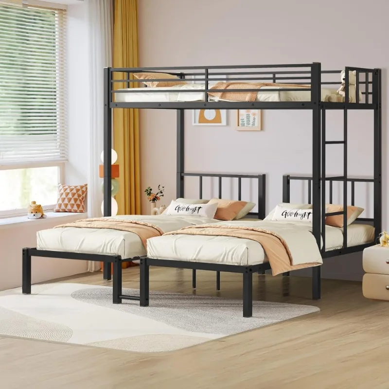 إطار معدني لسرير بطابقين ثلاثي قابل للفصل لـ 3 أشخاص مع سلم حاجز حماية لا حاجة إلى صندوق زنبركي للأطفال والمراهقين والبالغين #1