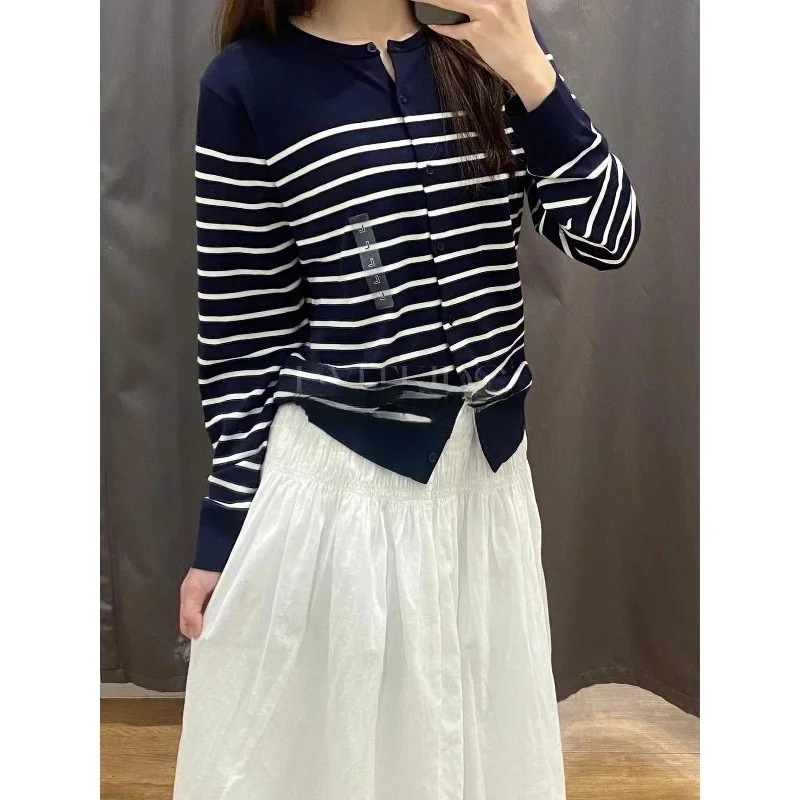 مشروط مزيج القطن طويلة الأكمام مخطط تريكو جولة الرقبة ربيع الخريف جودة الملابس النسائية TikTok جودة ملابس خارجية #5