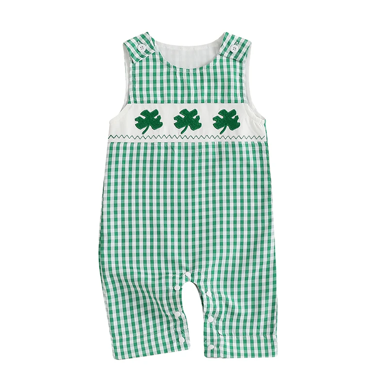 Baby Girls Rompers Ireland Clothes Clover Embroidery Plaid Buttons Sleeveless Infant Bodysuits Overalls