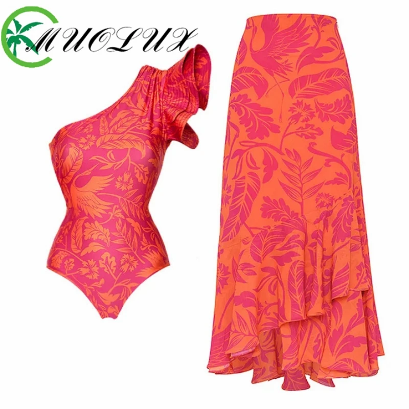 

MUOLUX 2024 New Sexy One-piece Women's Swimsuit Ruffled Edges Single Shoulder Printed Swimsuit Wrapped Skirt Two-piece Set