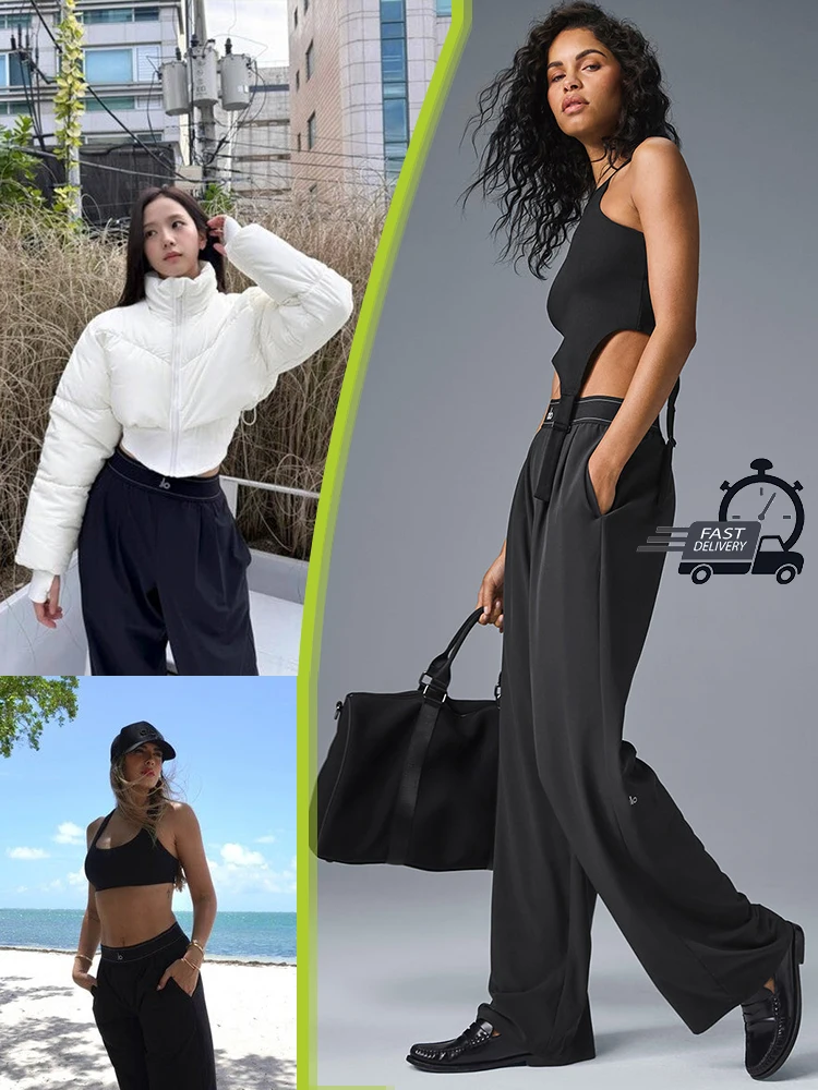 2025 Yoga Women's Suit Up Trouser Front Fold Loose Straight Leg Elastic Waist Belt Side Lightweight Fashion suit pants