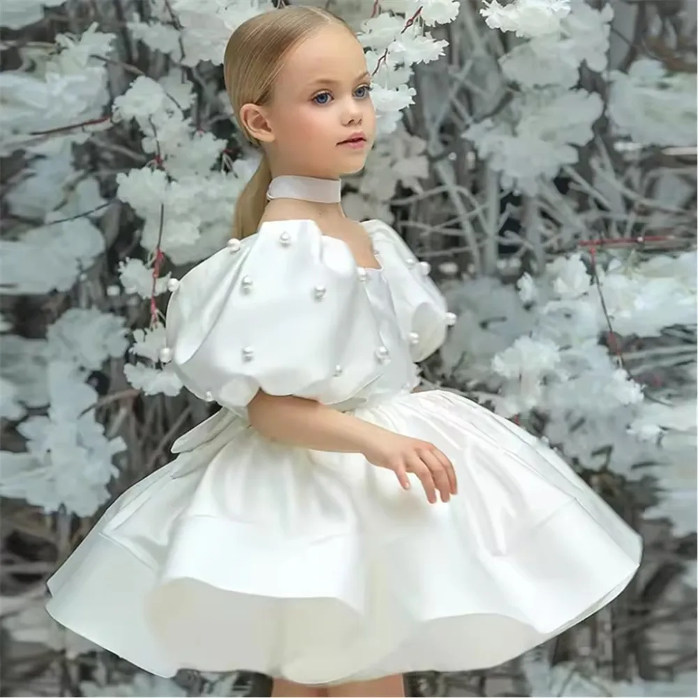 Flower Girl Wedding Dress Puff Sleeve Dress For Kids Beading White Evening Gowns Children Birthday Performance Party Dress